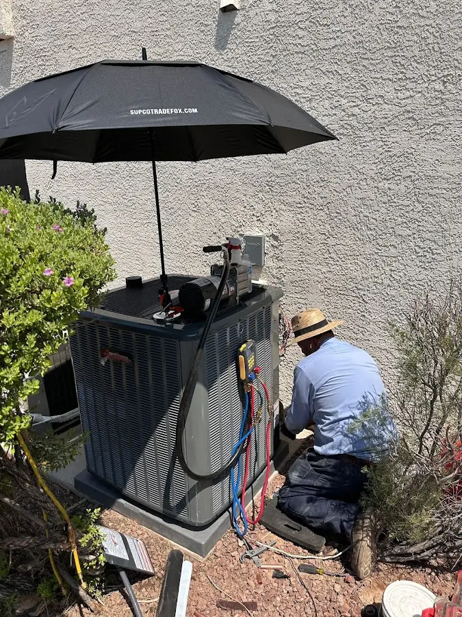 HVAC technician performing outdoor AC maintenance in Grayslake